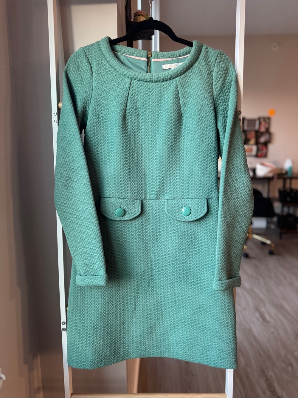 Boden Jade Green 60’s Retro Style Quilted Long Sleeve Midi Dress | Size UK8/US4